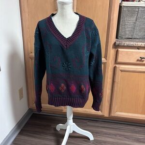 Women's V-Neck Patterned Sweater - Teal and Burgundy